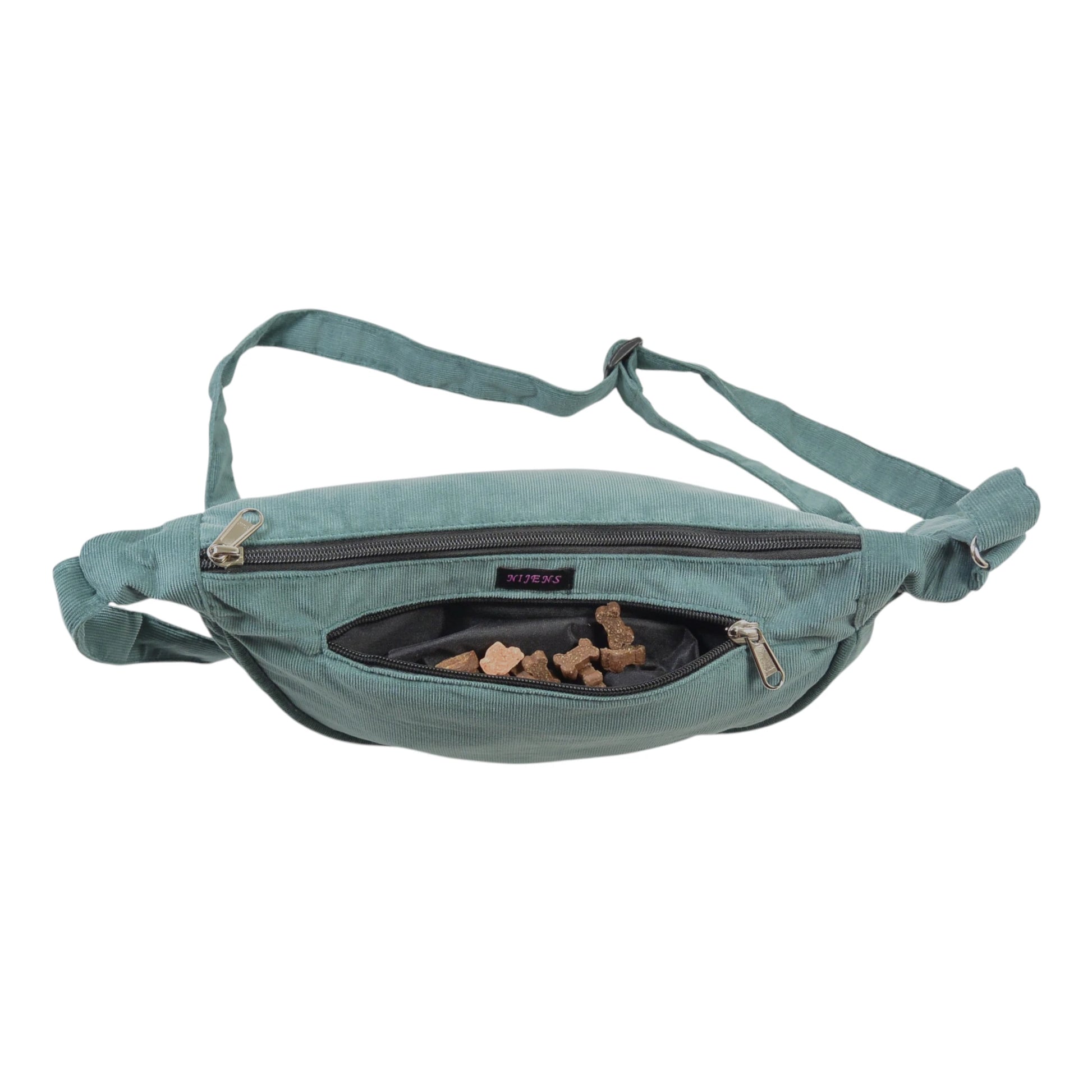 Crossbodybag „Rishikesh“ aus Cord Salbei von Nijens inInnenansicht, mit Leckerlifach