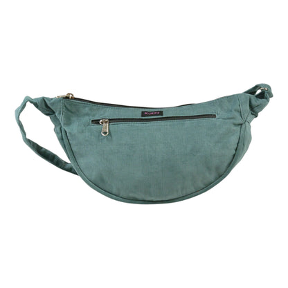 Crossbodybag „Rishikesh“ aus Cord Salbei von Nijens in Frontalansicht, mit zwei Reißverschlussfächern und verstellbarem Schultergurt