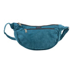 Petrolfarbene Crossbodybag „Rishikesh“ aus Cord von Nijens in Frontalansicht, mit zwei Reißverschlussfächern und verstellbarem Schultergurt
