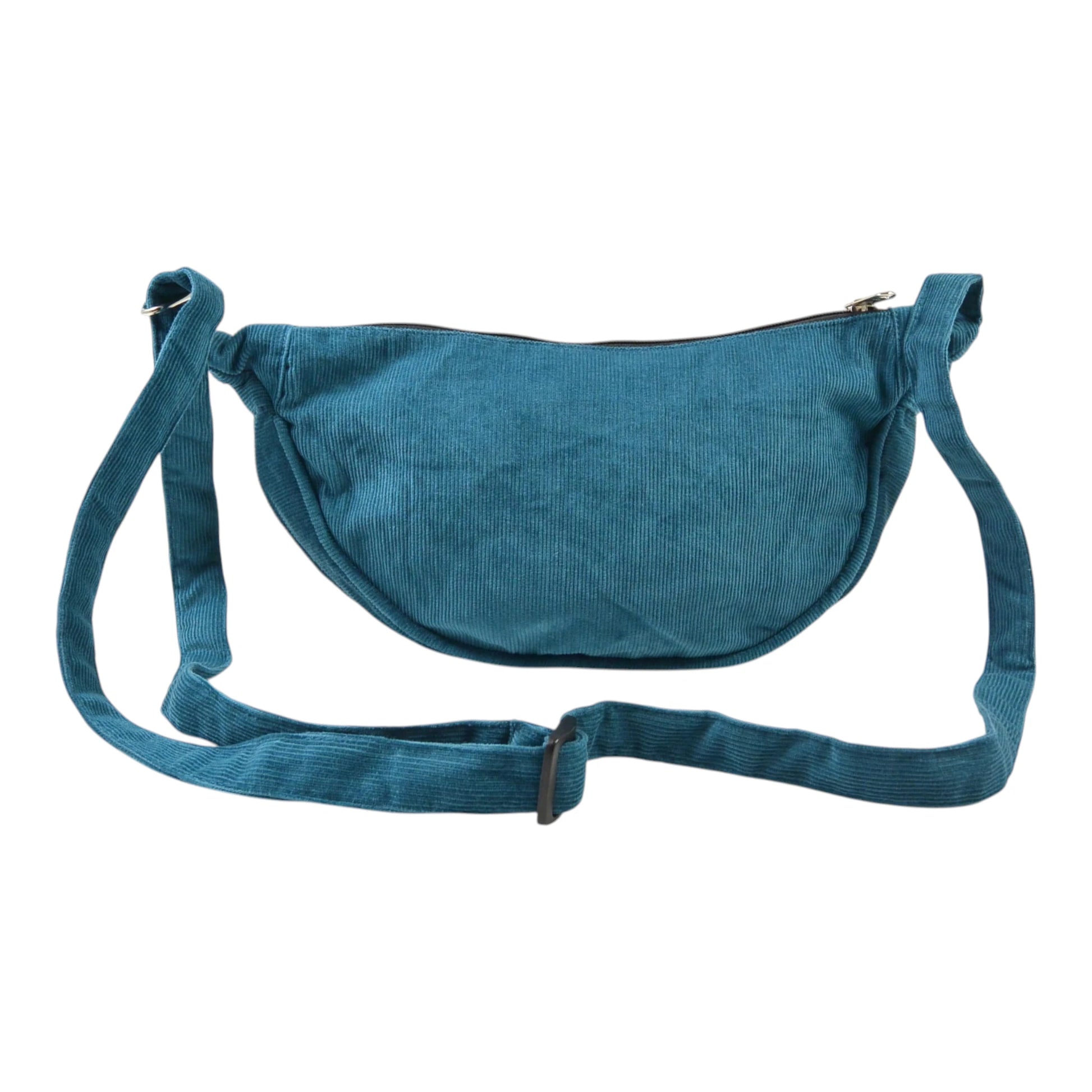 Petrolfarbene Crossbodybag „Rishikesh“ aus Cord von Nijens in Rückansicht, mit verstellbarem Schultergurt