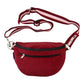 Weinrote Crossbody Bag aus Cord mit zwei Reißverschlussfächern und verstellbarem gestreiftem Schultergurt. Bild 2.