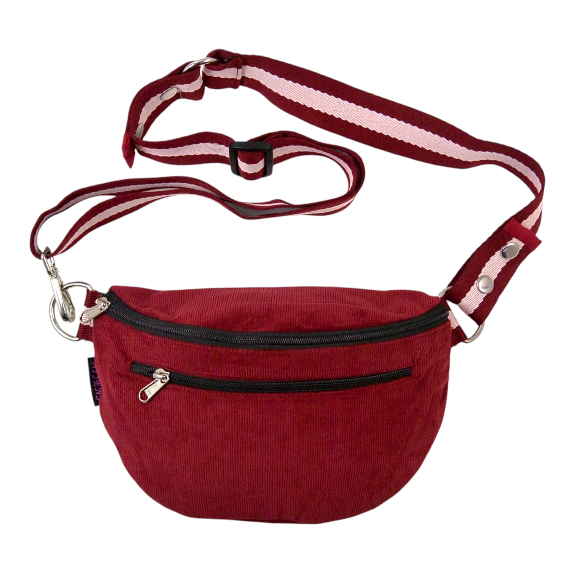 Weinrote Crossbody Bag aus Cord mit zwei Reißverschlussfächern und verstellbarem gestreiftem Schultergurt. Bild 2.