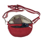 Weinrote Cord Crossbody Bag mit geöffnetem Hauptfach, Innenfutter, Handy und Portemonnaie