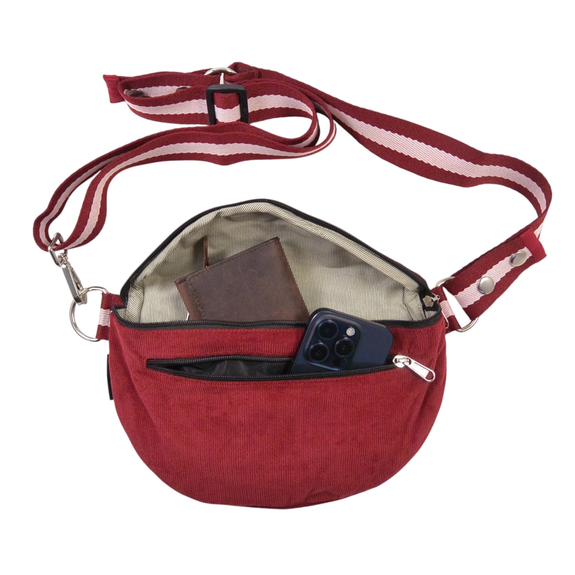 Weinrote Cord Crossbody Bag mit geöffnetem Hauptfach, Innenfutter, Handy und Portemonnaie