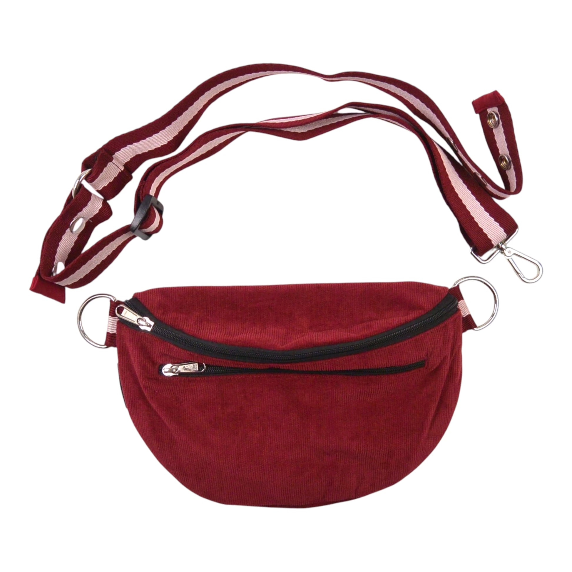 Weinrote Crossbody Bag aus Cord mit zwei Reißverschlussfächern und verstellbarem gestreiftem Schultergurt