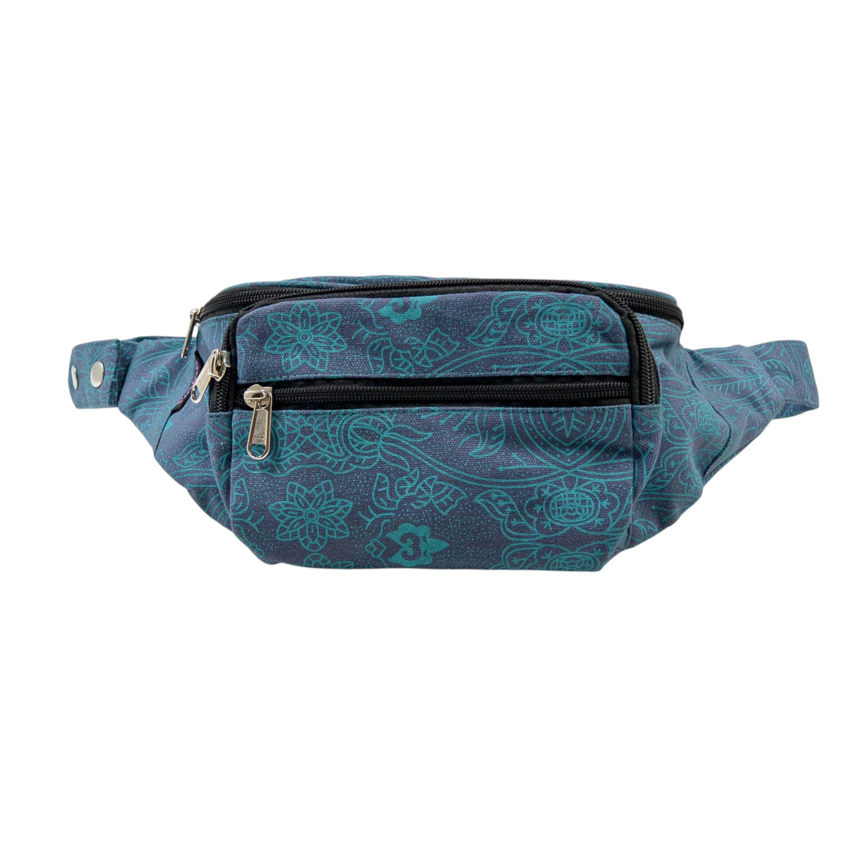 Crossbody Bag Torino aus Canvas Stoff Petrol mit Ethno-Muster und mehreren Reißverschlussfächern. Frontalaansicht.