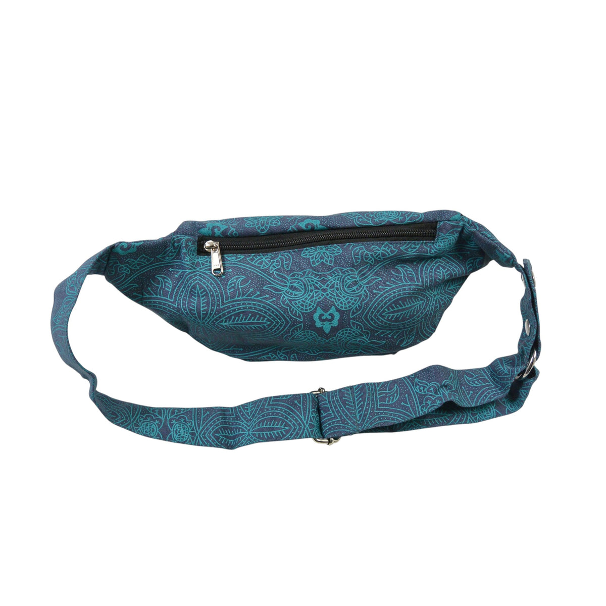 Crossbody Bag Torino aus Canvas Stoff Petrol mit Ethno-Muster und mehreren Reißverschlussfächern. Rückansicht.