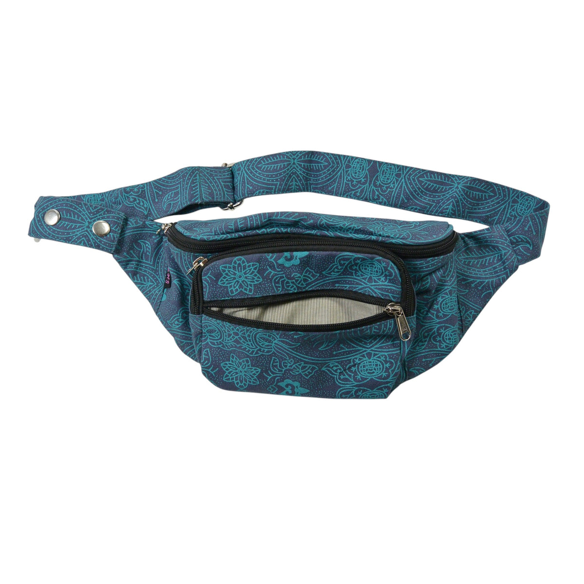 Crossbody Bag aus Canvas Stoff Petrol mit Ethno-Muster und mehreren Reißverschlussfächern. Frontansicht.