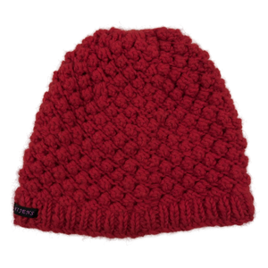 Handgestrickte Long Beanie Mütze, Wollmütze aus Schurwolle, Rot.