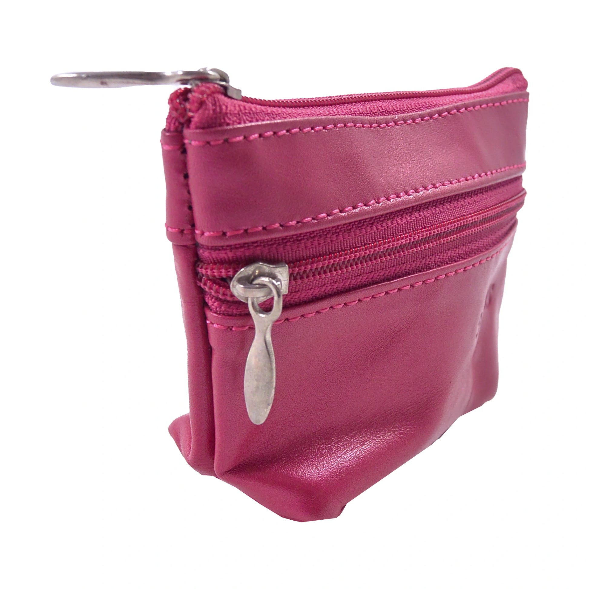 Seitenansicht von dem kleinen Geldbeutel, Geldbörse aus Leder Pink mit einem großen Reißverschlussfach und einem kleinen an der Seite.