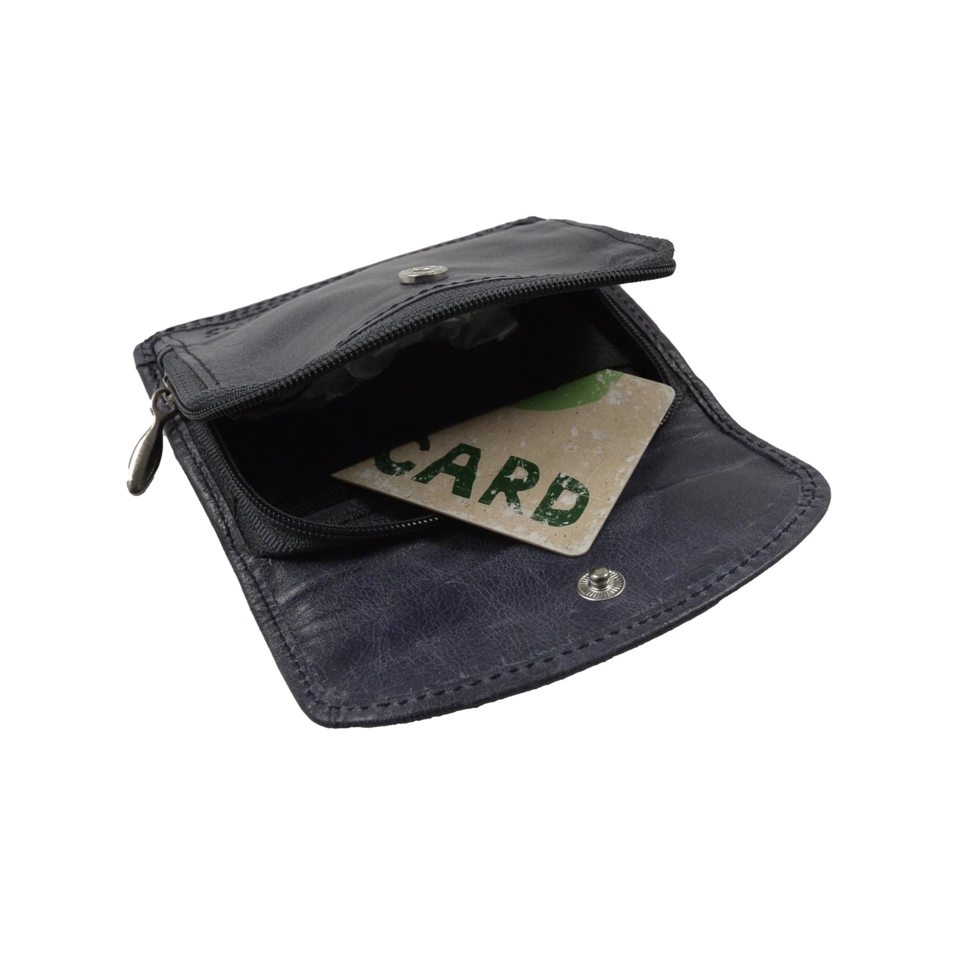 Kleines Portemonnaie, Geldbörse aus Leder, pflaumenfarben, mit Reißverschlussfach und einem integrierten Einsteckfach für eine Kreditkarte.