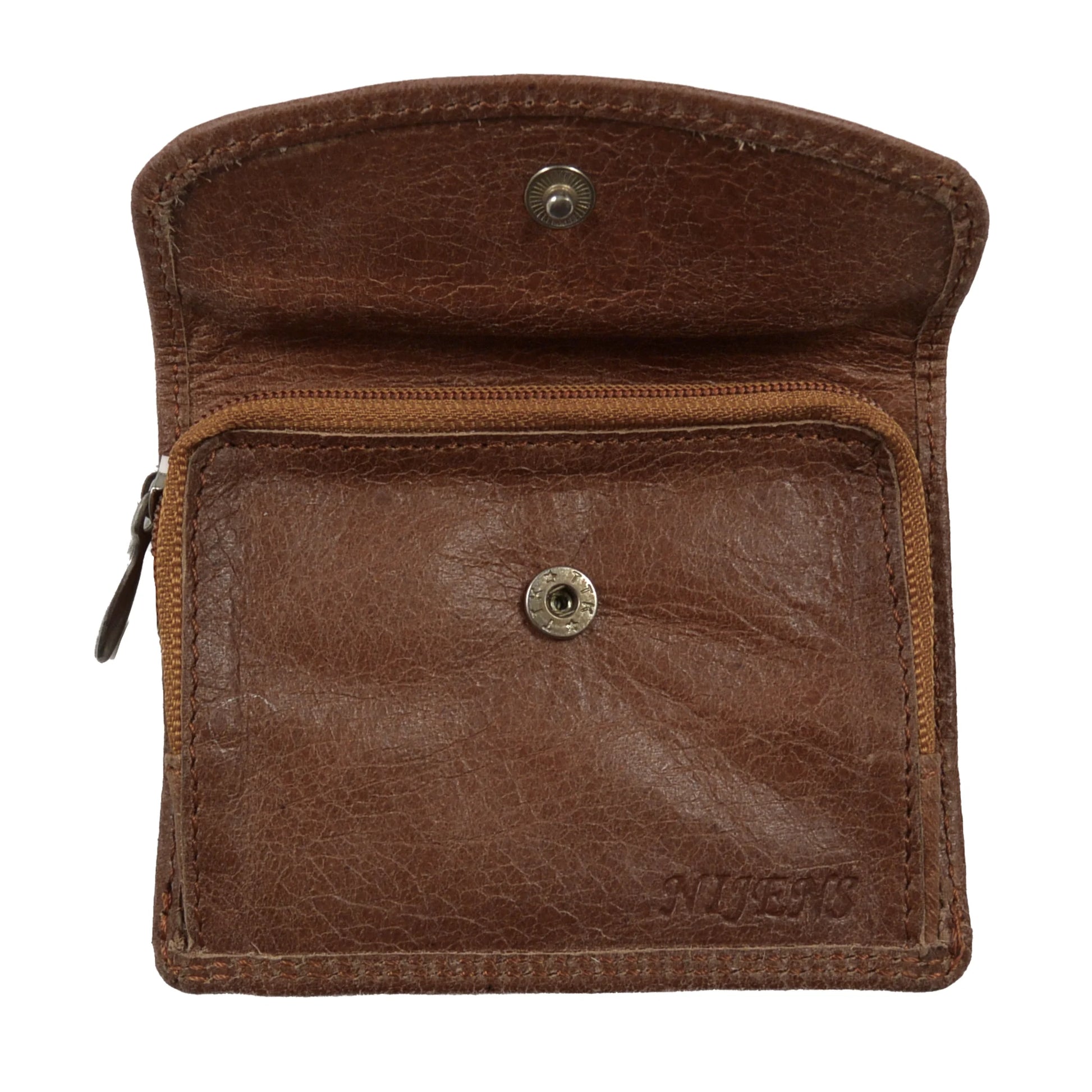 Kleines Portemonnaie, Geldbörse aus Leder, Braun, mit Reißverschlussfach, welches mit einem Druckknopf an einer Überlappung geschlossen ist.