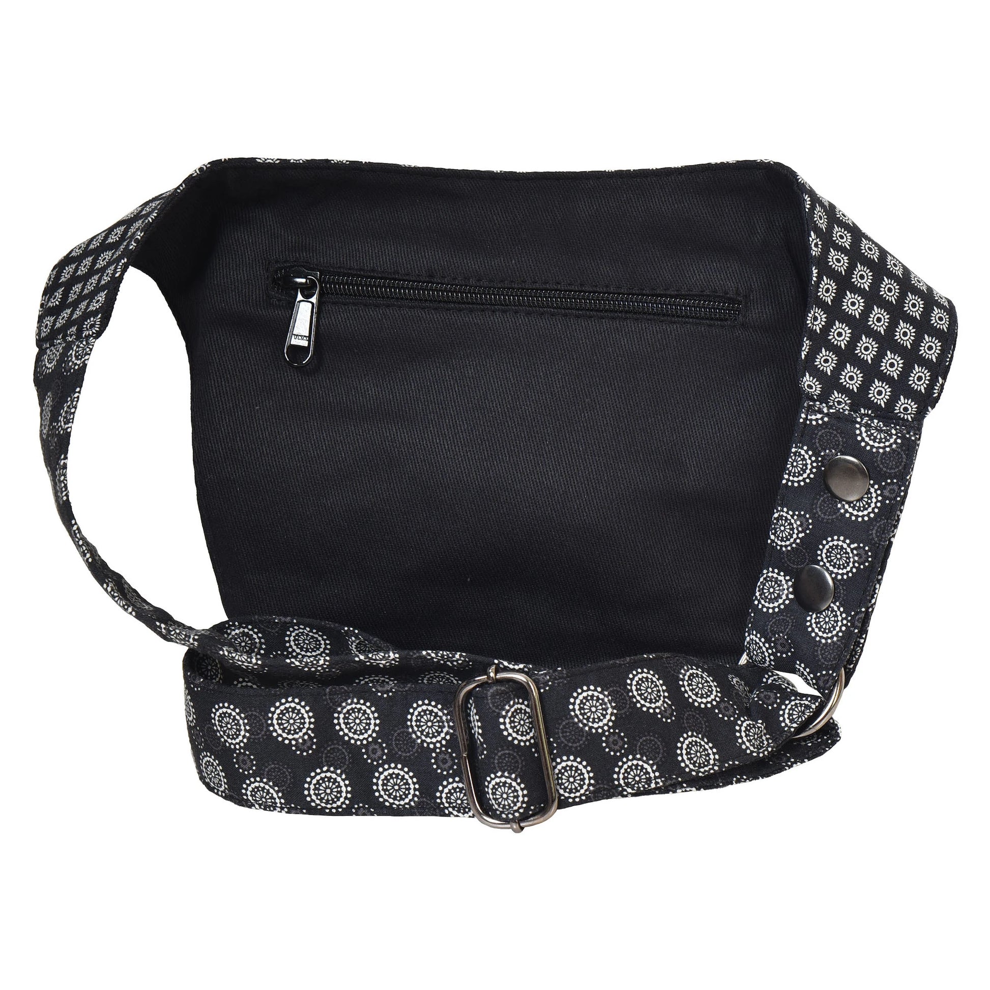 Nijens Bauchtasche aus 100% Baumwolle, Rückansicht, langer verstellbarer Gurt sichtbar.