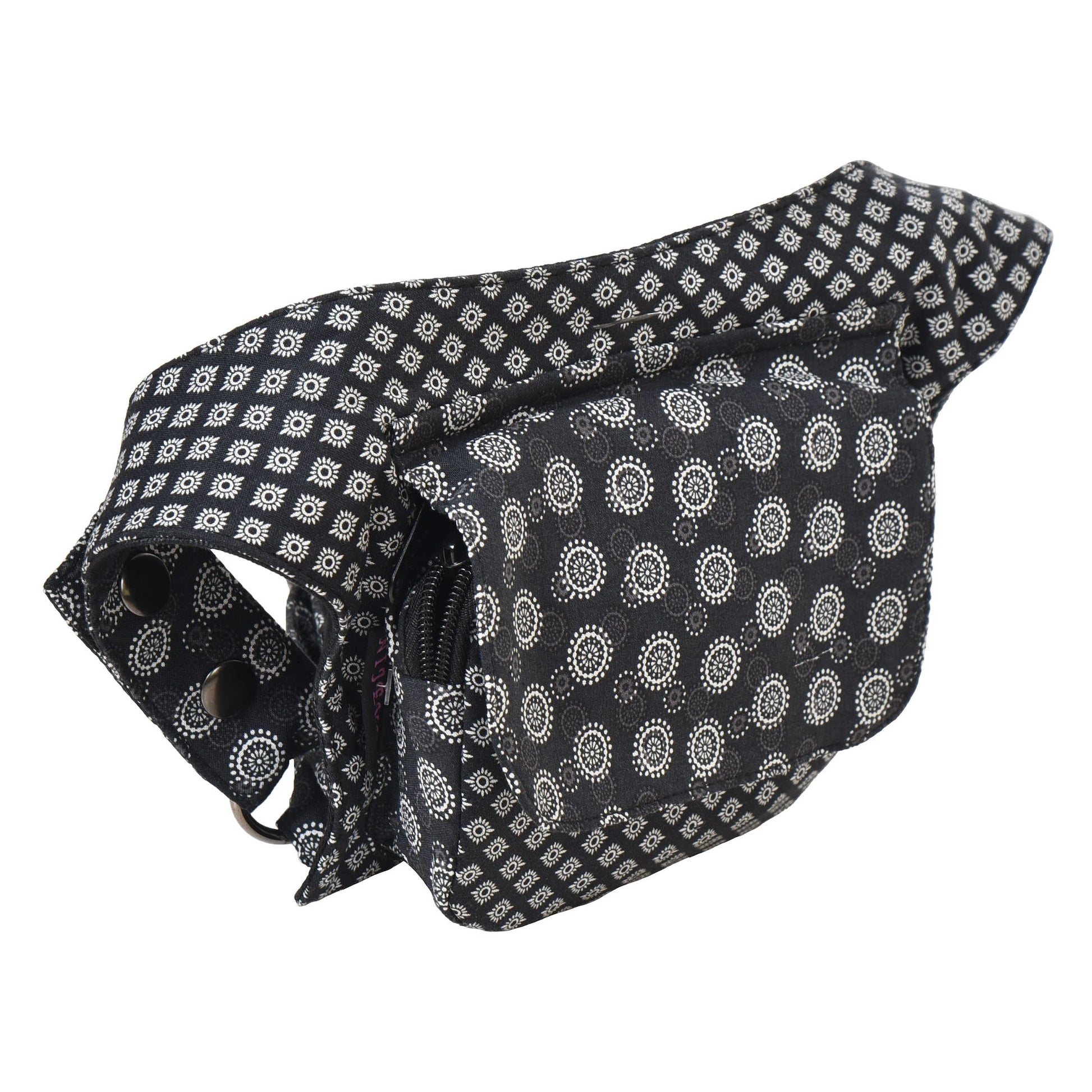 Nijens Bauchtasche aus 100% Baumwolle, Seitenansicht, langer verstellbarer Gurt sichtbar.