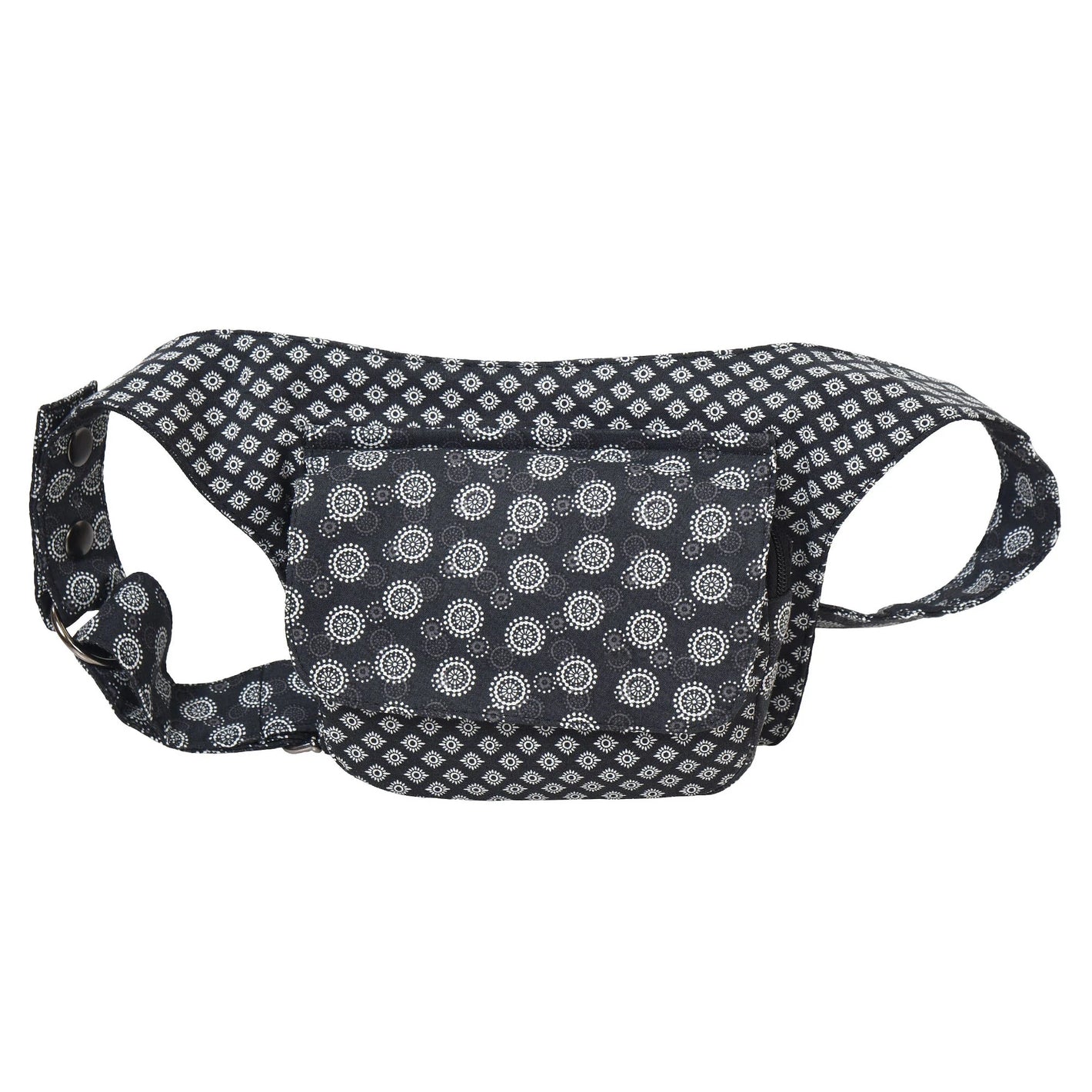 Nijens Bauchtasche aus 100% Baumwolle in Grau mit weißem Muster, Frontansicht mit aufgesetztem Reißverschlussfach und verstellbarem Gurt.