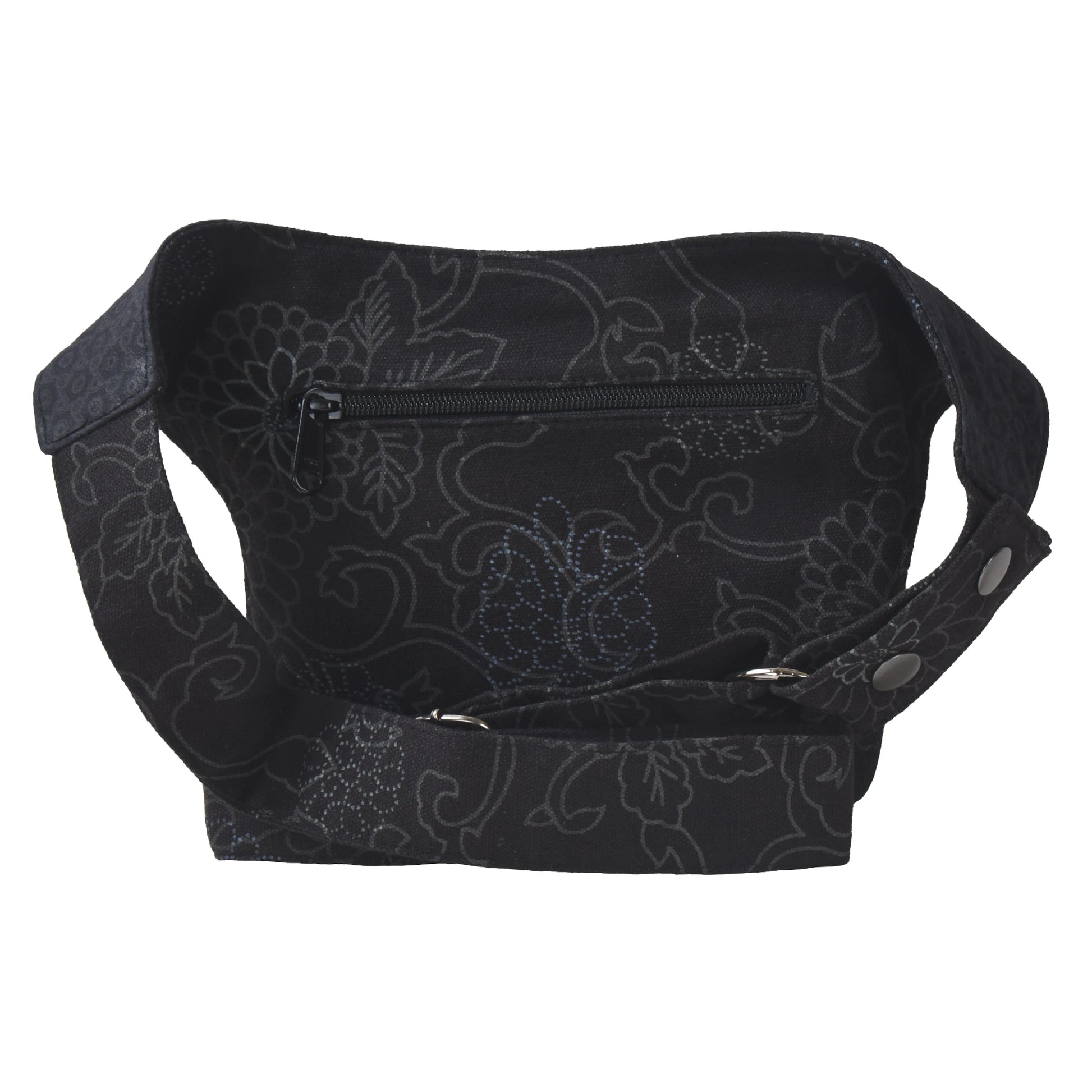 Bauchtasche Schwarz aus Stoff mit floralem Muster, größenverstellbarer Hüftgurt und hinterem Reißverschlussfach.
