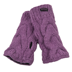 Schurwolle Strickstulpen, Pulswärmer Zopfstrickmuster Flieder mit Schlitz für Daumen.