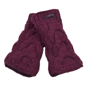 Schurwolle Strickstulpen, Pulswärmer Zopfstrickmuster Lila mit Schlitz für Daumen.