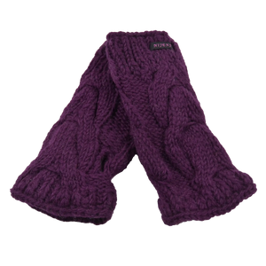 Schurwolle Strickstulpen, Pulswärmer Zopfstrickmuster Violett mit Schlitz für Daumen.