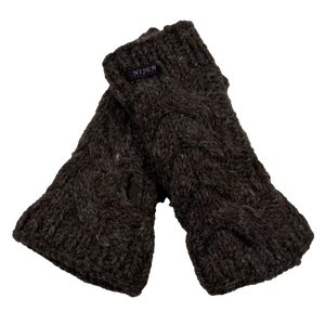 Schurwolle Strickstulpen, Pulswärmer Zopfstrickmuster Dunkelbraun mit Schlitz für Daumen.