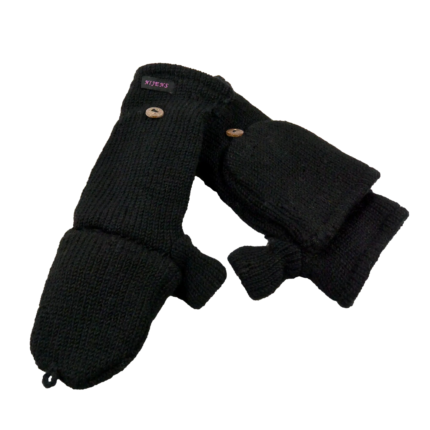 Schwarze Fausthandschuhe aus 100% Schurwolle mit umknöpfbarer Kappe und Knopfverschluss