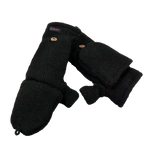 Schwarze Fausthandschuhe aus 100% Schurwolle mit umknöpfbarer Kappe und Knopfverschluss