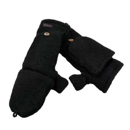 Schwarze Fausthandschuhe aus 100% Schurwolle mit umknöpfbarer Kappe und Knopfverschluss