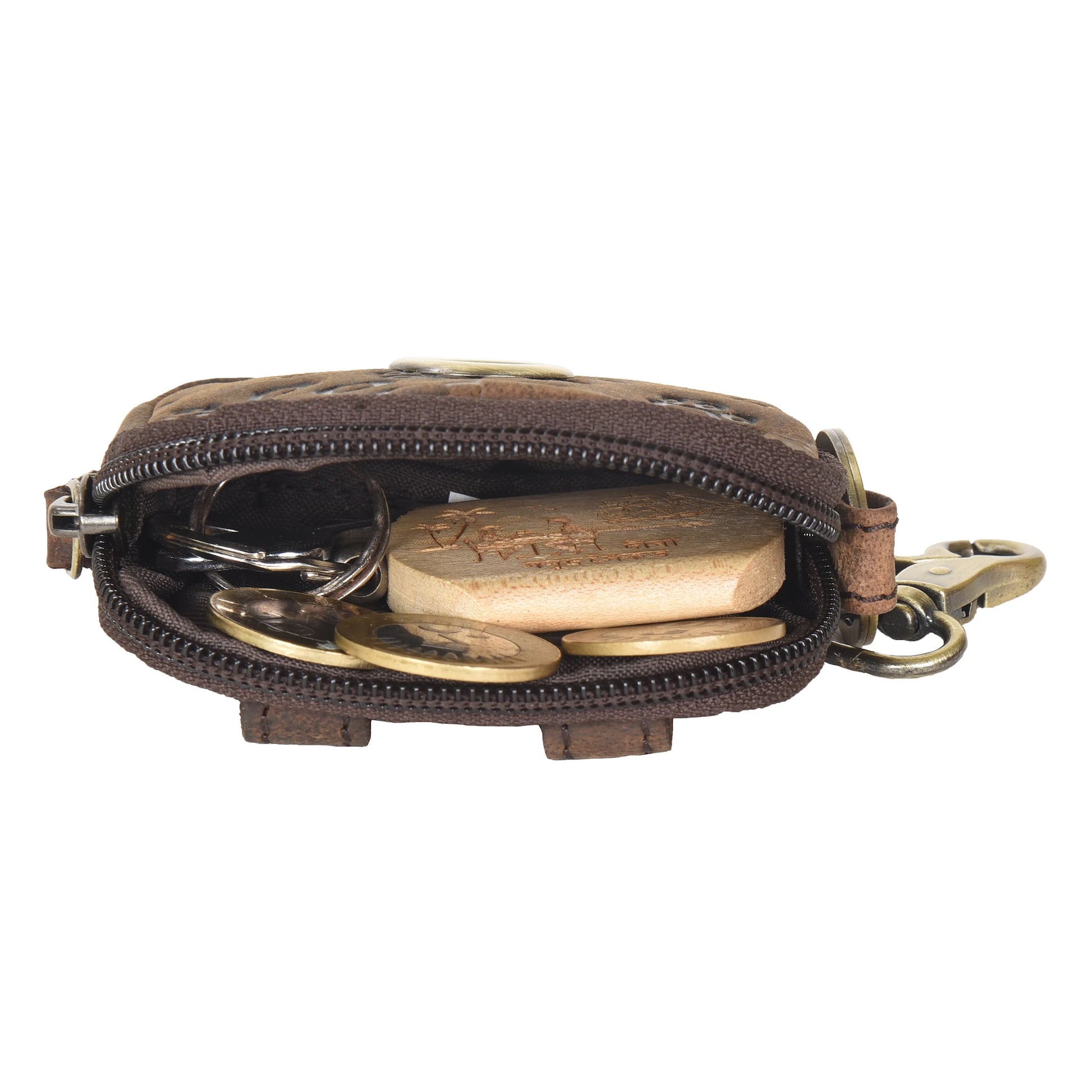 Kleine Karabiner Beuteltasche aus Leder, Vintage Braun dunkel, mit kleinen Pfoten & Herzprägungen. Der Beutel besitzt ein Reißverschlussfach mit Platz für Schlüssel, Kleingeld oder Hundekotbeutel.