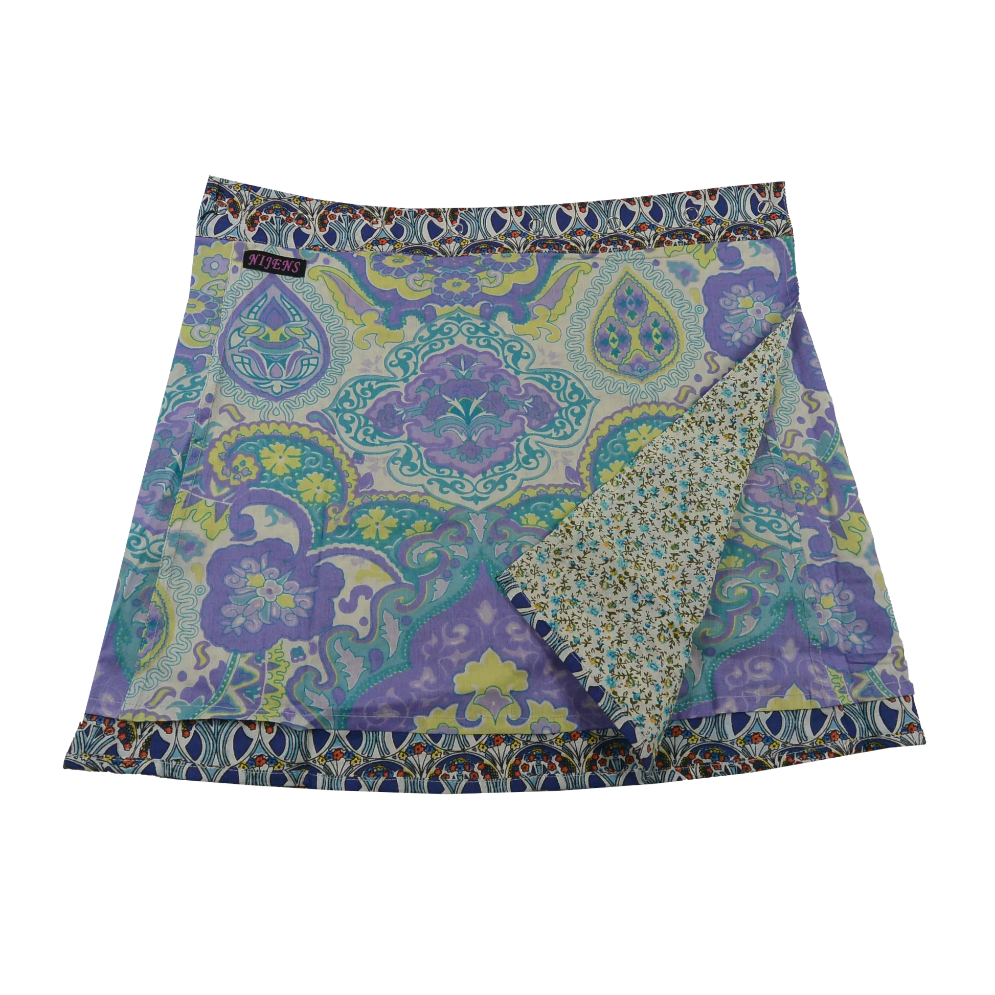 Wenderock aus Baumwolle mit Blumenmuster (weiß, violett). Umfang ist einstellbar mit Druckknöpfen am Rockbund. Muster und FarbenMix.
