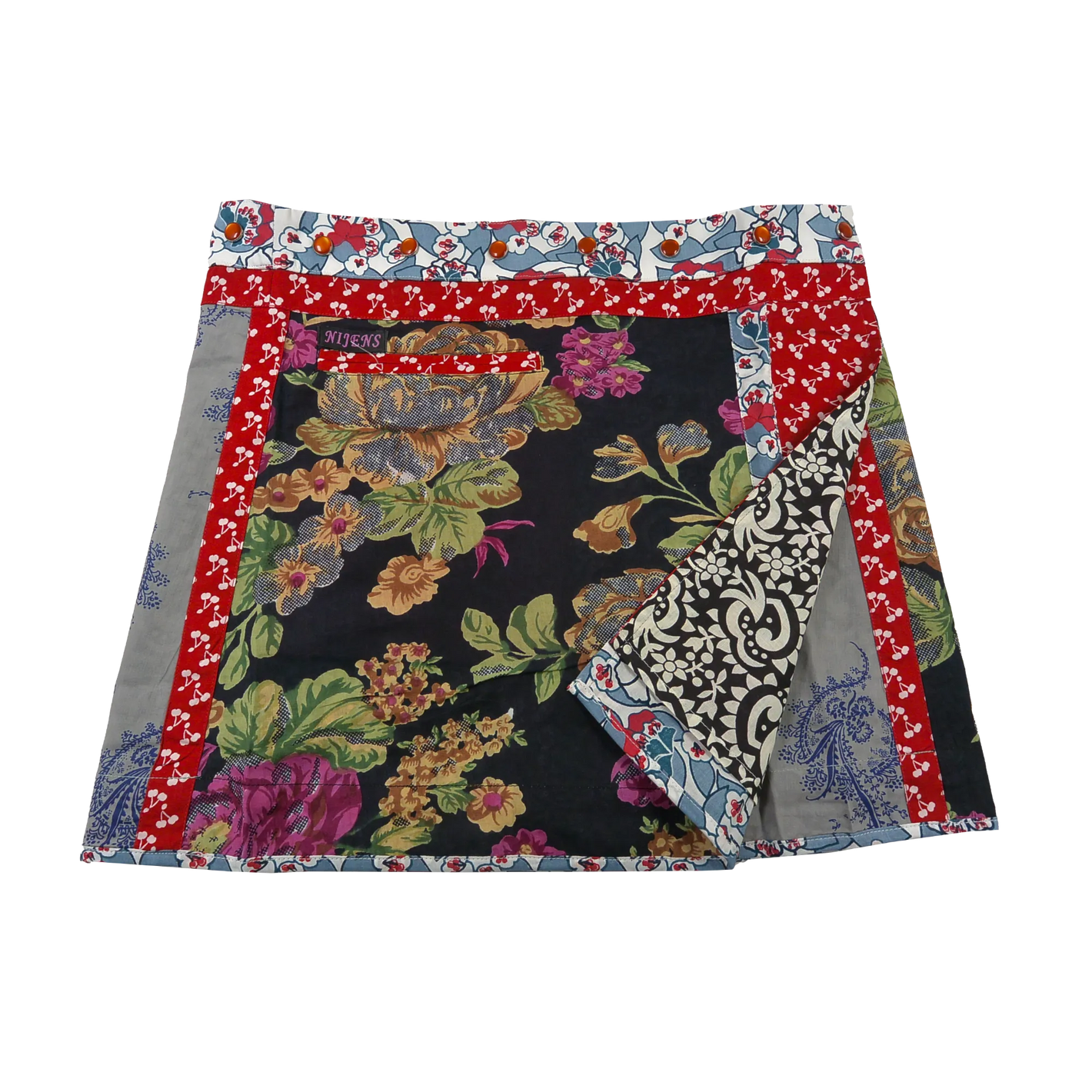 Wenderock aus Baumwolle mit Blumenmuster (Schwarz, Rot) mit kleinem Einsteckfach vorne. Umfang ist einstellbar mit gläsernen Druckknöpfen am Rockbund. Muster und FarbenMix.