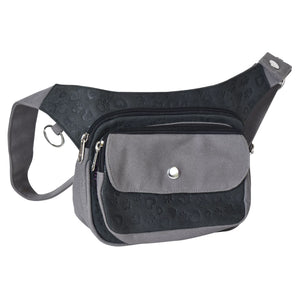 Seitenansicht: Gassi-Tasche Leder Vintage mit kleiner Pfotenprägung-Prägung Schwarz und Canvas Grau.