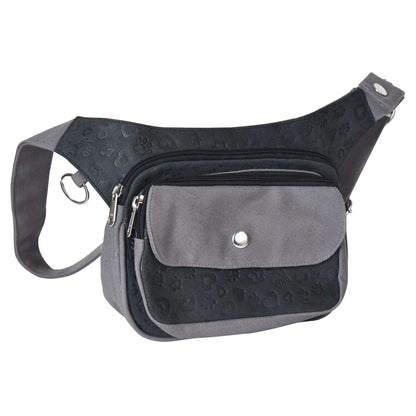 Seitenansicht: Gassi-Tasche Leder Vintage mit kleiner Pfotenprägung-Prägung Schwarz und Canvas Grau.