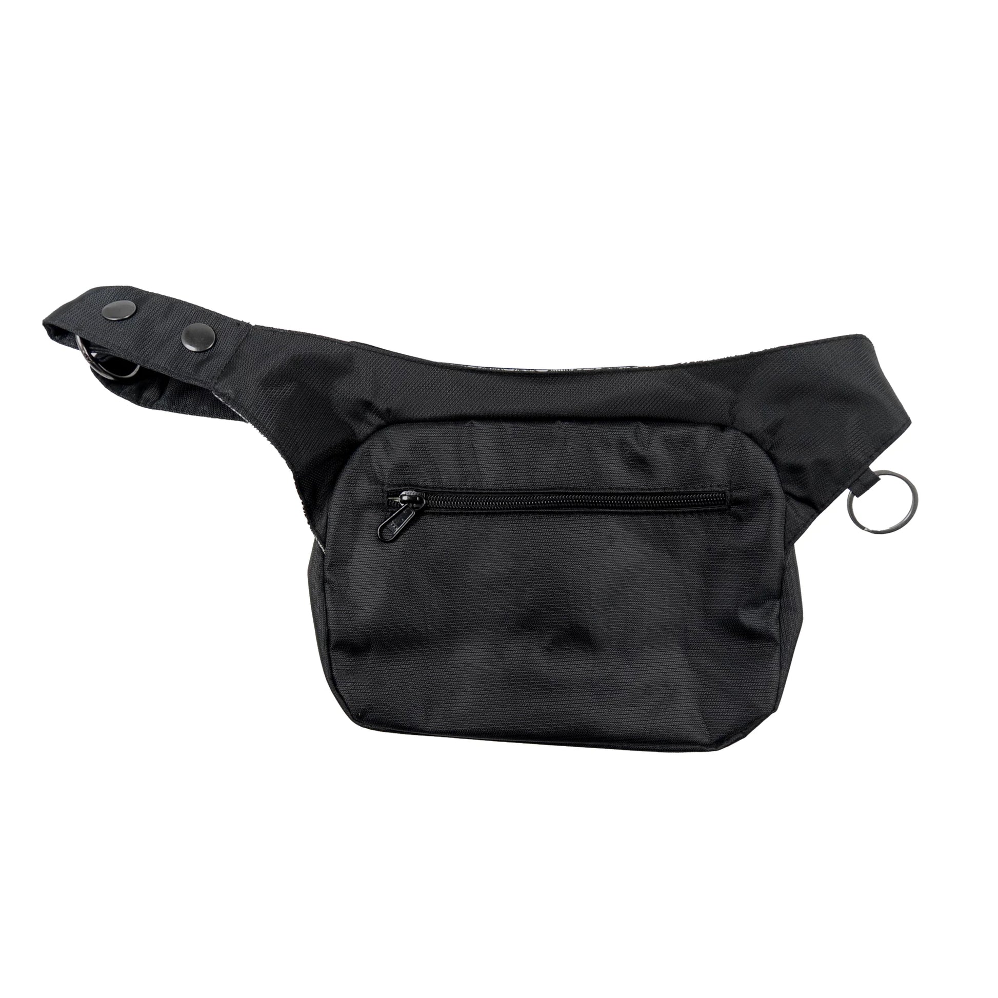 Gürteltasche, Gassi-Tasche aus wasserabweisendem Stoff schwarz mit floralem Muster. Auf der hinteren Seite der Tasche befindet sich ein Reißverschlussfach. Der Taschengurt ist größenverstellbar.