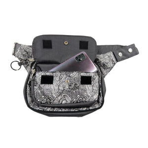 Gürteltasche, Gassi-Tasche aus wasserabweisendem Stoff Grau mit floralem Muster. Der Taschengurt ist größenverstellbar und das Einsteckfach vorne bietet Platz fürs Handy und wird durch einen Überschlag mit Klett und Druckknopf verschlossen.
