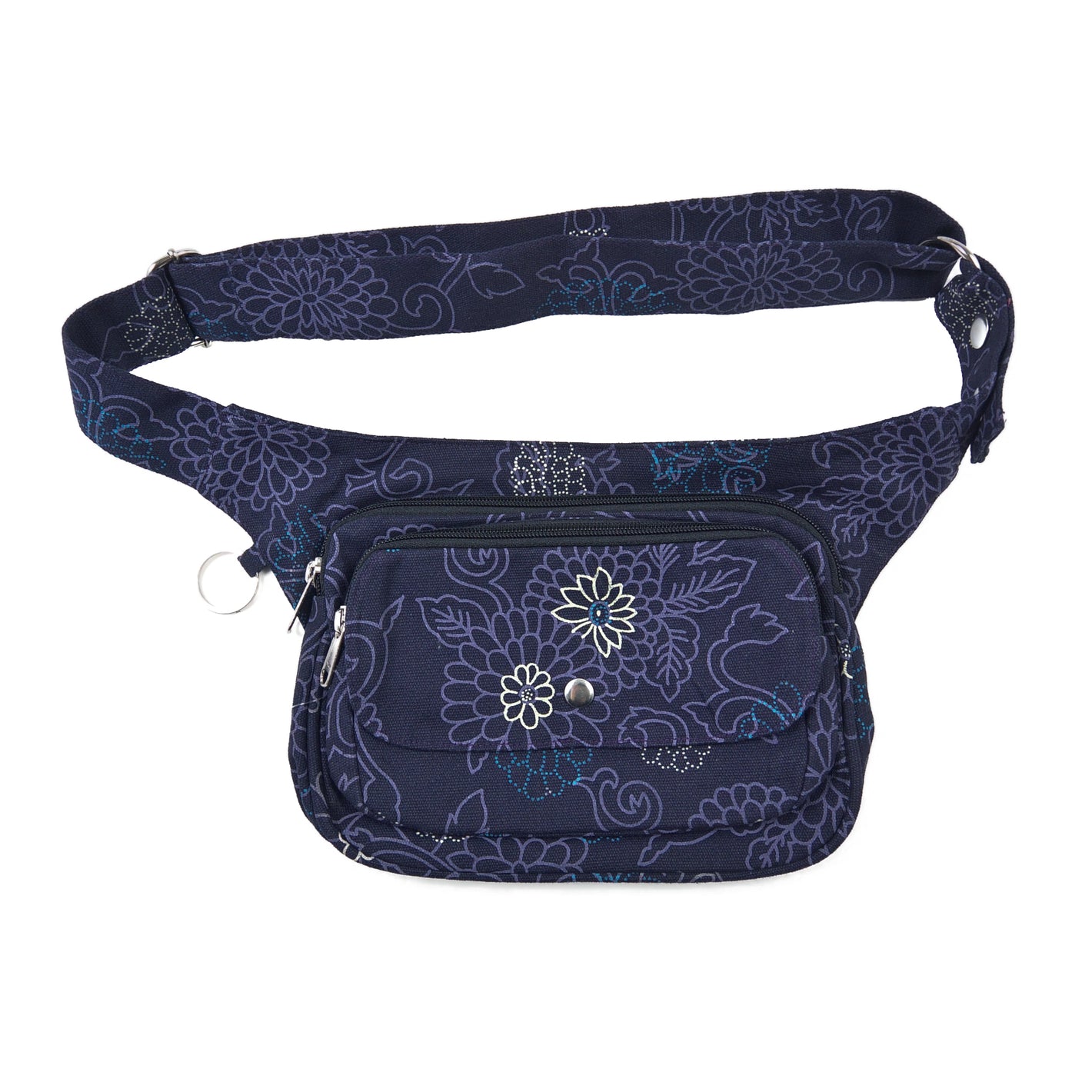 Gürteltasche, multifunktionale Gassentasche aus Canvas, Violett, mit floralen Ornamenten.