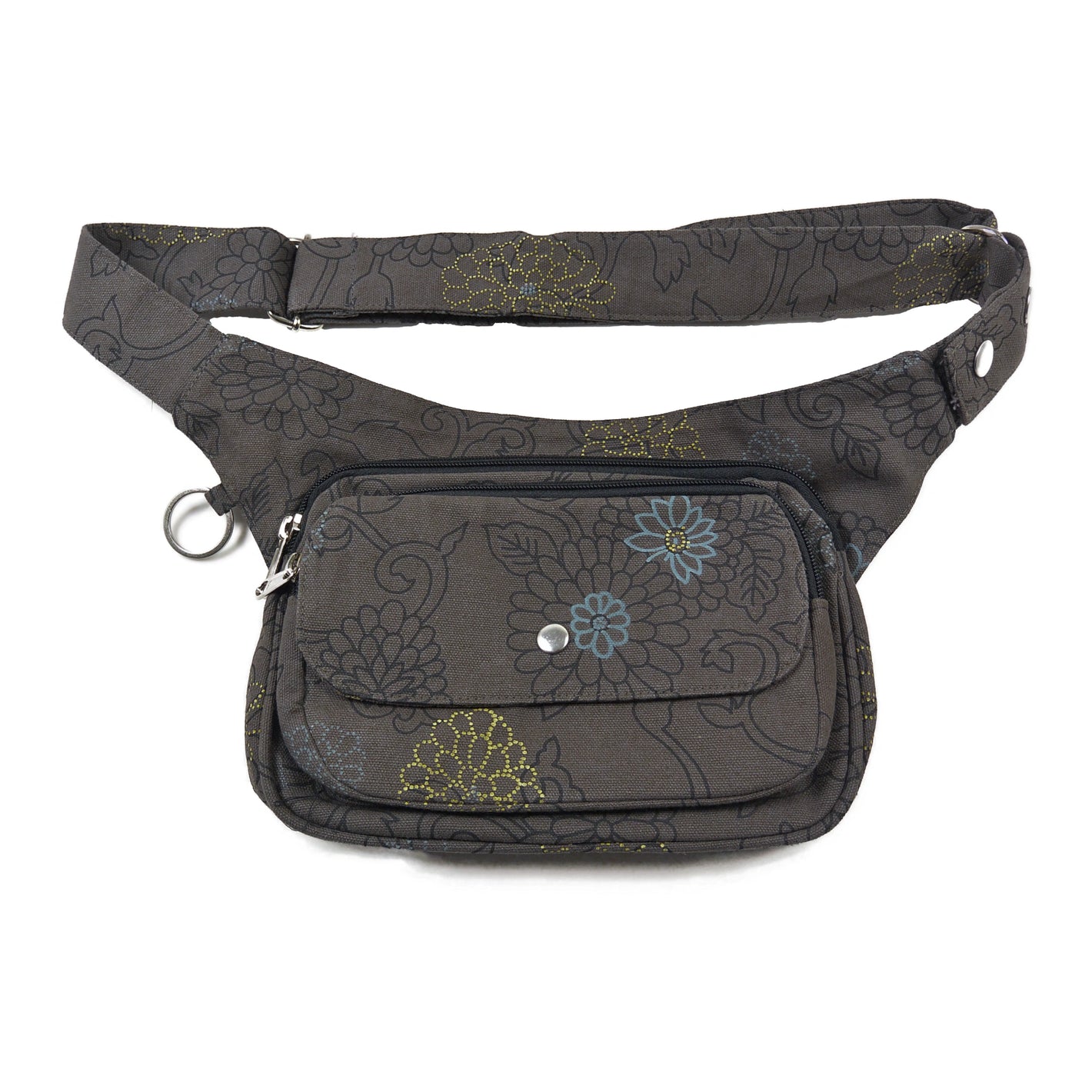 Gürteltasche, multifunktionale Gassentasche aus Canvas, Khaki, mit floralen Ornamenten.