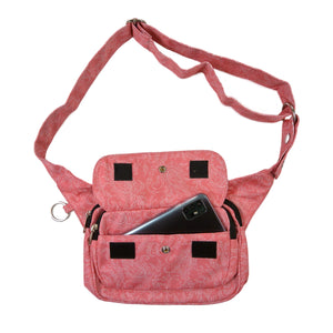 Bauchtasche, Gassi-Tasche aus Polyester Flamigofarben mit weißem Paisley Muster und floralen Ornamenten. Vorne gibt es ein Einsteckfach welches mit einem Druckknopf und Klett verschlossen wird.