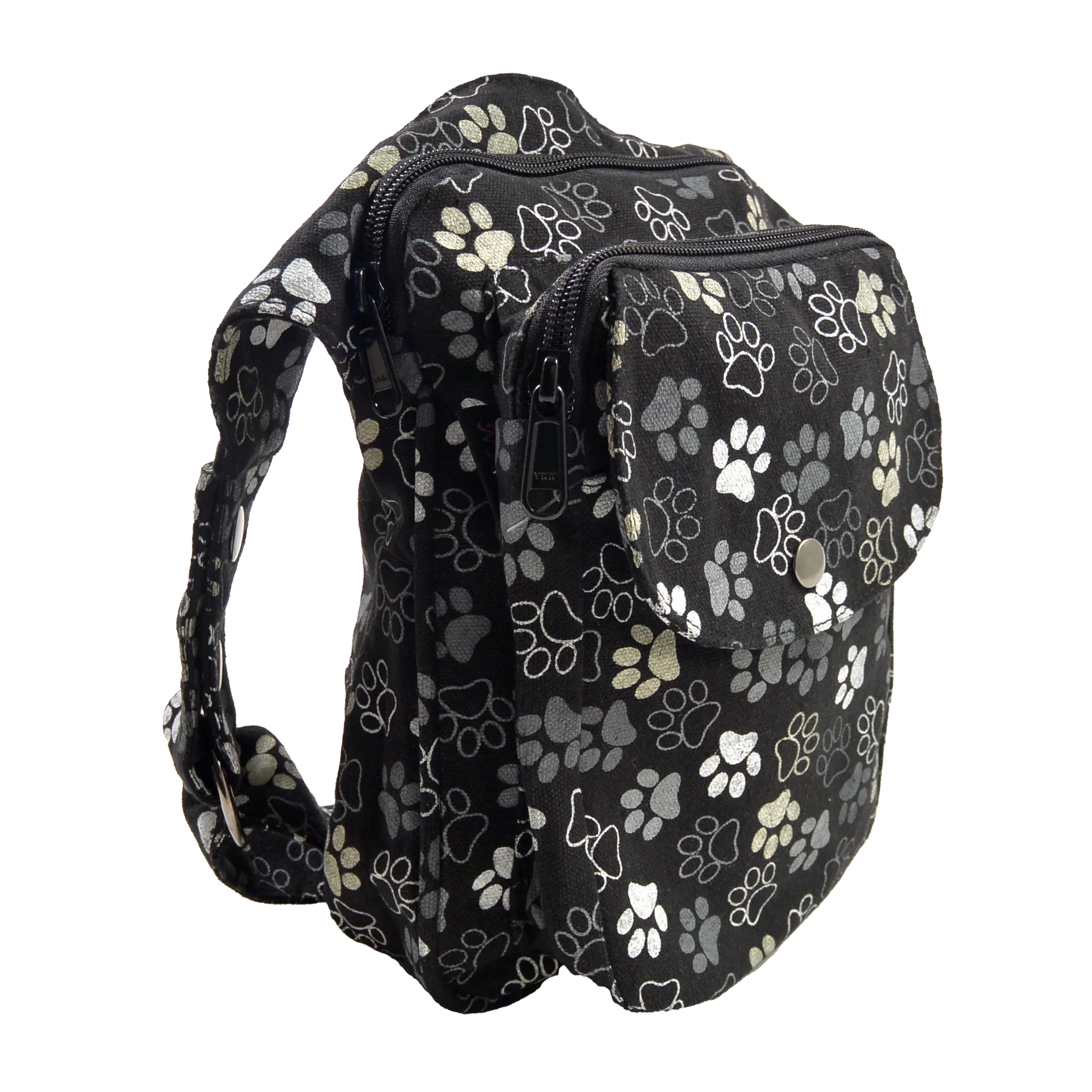 Gassi-Tasche, Hüfttasche aus Canvas Schwarz mit Hundepfoten Motiven. Zwei Reißverschlussfächer vorne.