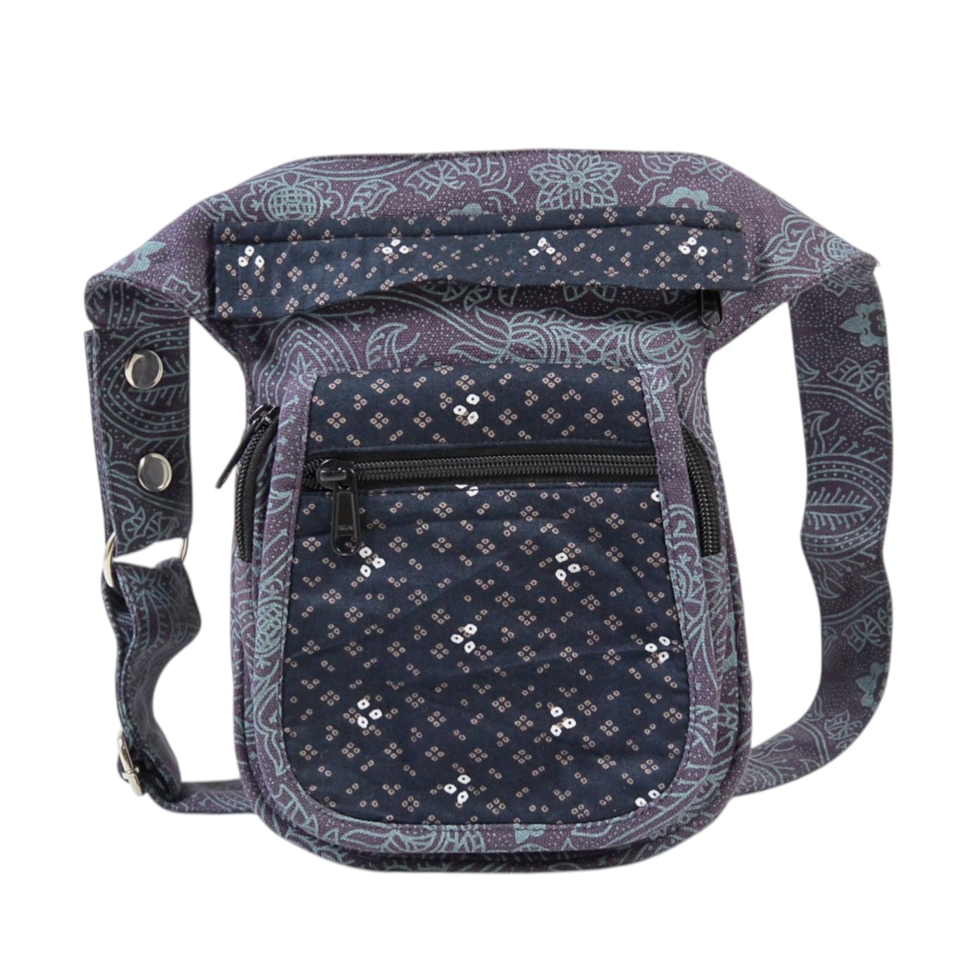 Nijens Bauchtasche Paris aus Baumwolle Anthrazit mit Ethno-Print, kompakte Festival Hüfttasche mit mehreren Reißverschlussfächern und verstellbarem Gurt