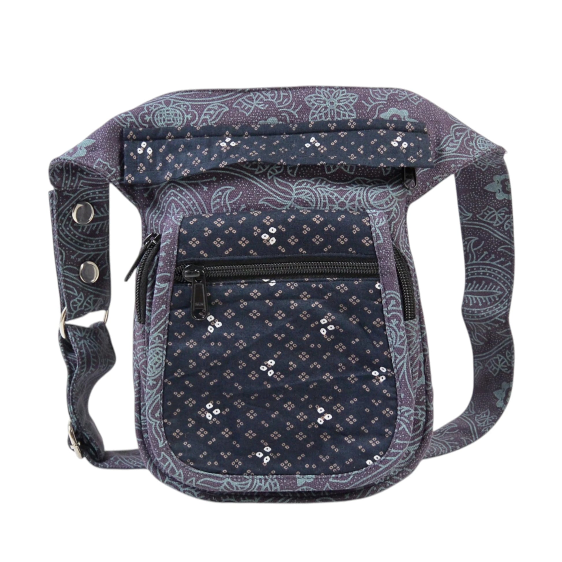 Nijens Bauchtasche Paris aus Baumwolle Anthrazit mit Ethno-Print, kompakte Festival Hüfttasche mit mehreren Reißverschlussfächern und verstellbarem Gurt