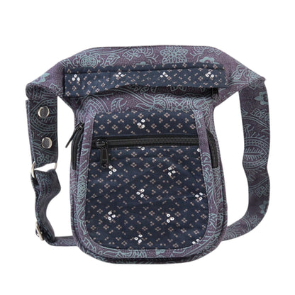 Nijens Bauchtasche Paris aus Baumwolle Anthrazit mit Ethno-Print, kompakte Festival Hüfttasche mit mehreren Reißverschlussfächern und verstellbarem Gurt
