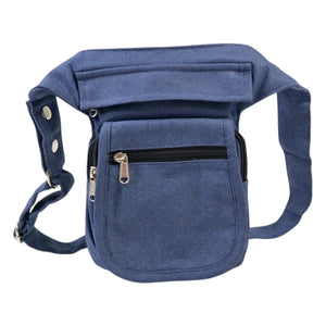 Nijens Bauchtasche Paris aus Baumwolle Jeans in Blau, leichte Festival Tasche mit Reißverschlussfächern für Handy, Schlüssel und Geld. Frontansicht.