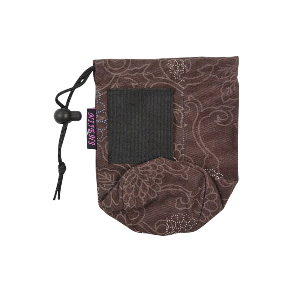 Flaschenbeutel aus Stoff, Braun mit floralen Ornamenten für den Gürtel. Verschließbar mit Kordelzug. Eine breite elastische Gürtelschlaufe.