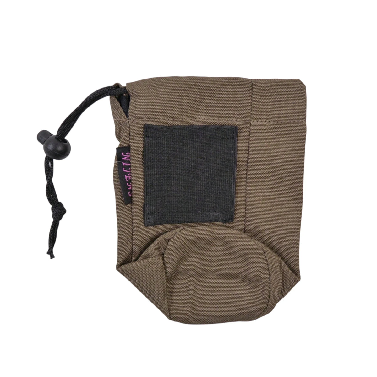 Flaschenbeutel aus Polyester, braun. Verschließbar mit einem Kordelzug. Eine breite elastische Gürtelschlaufe