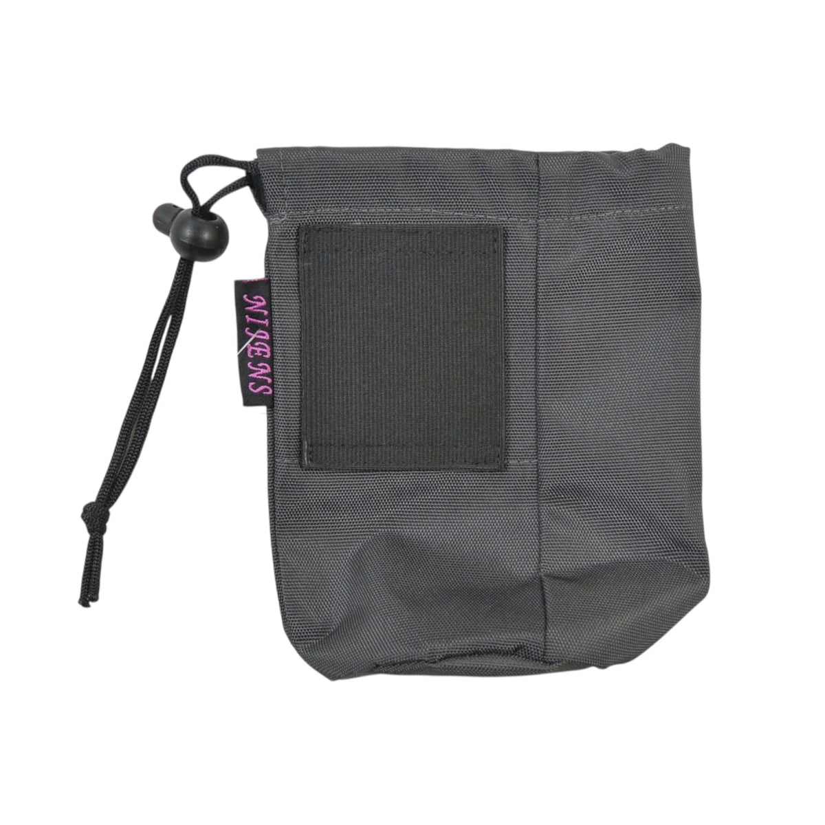 Flaschenbeutel aus Polyester, grau. Verschließbar mit einem Kordelzug. Eine breite elastische Gürtelschlaufe