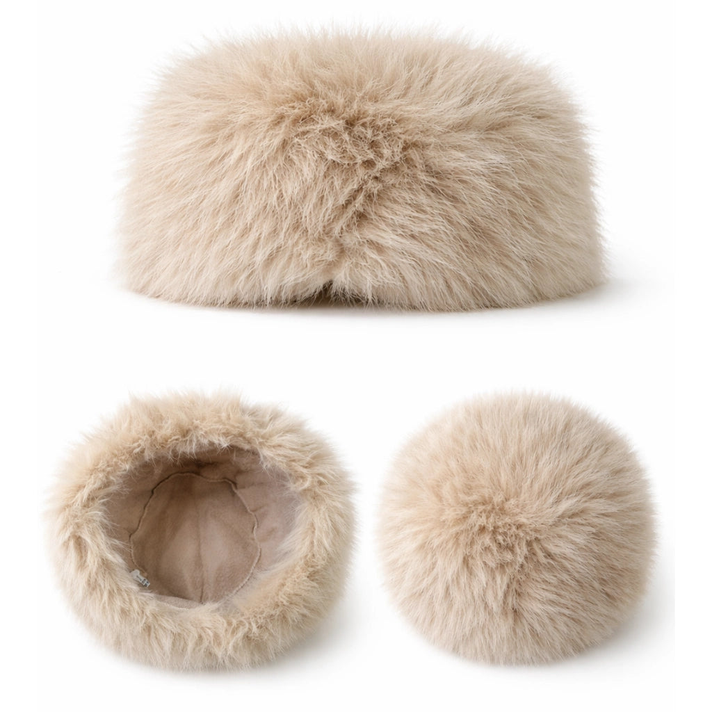 Nijens Siberia Kunstfell-Mütze in Beige, elegante Wintermütze aus Kunstfell, Vorderansicht, Seitenansicht