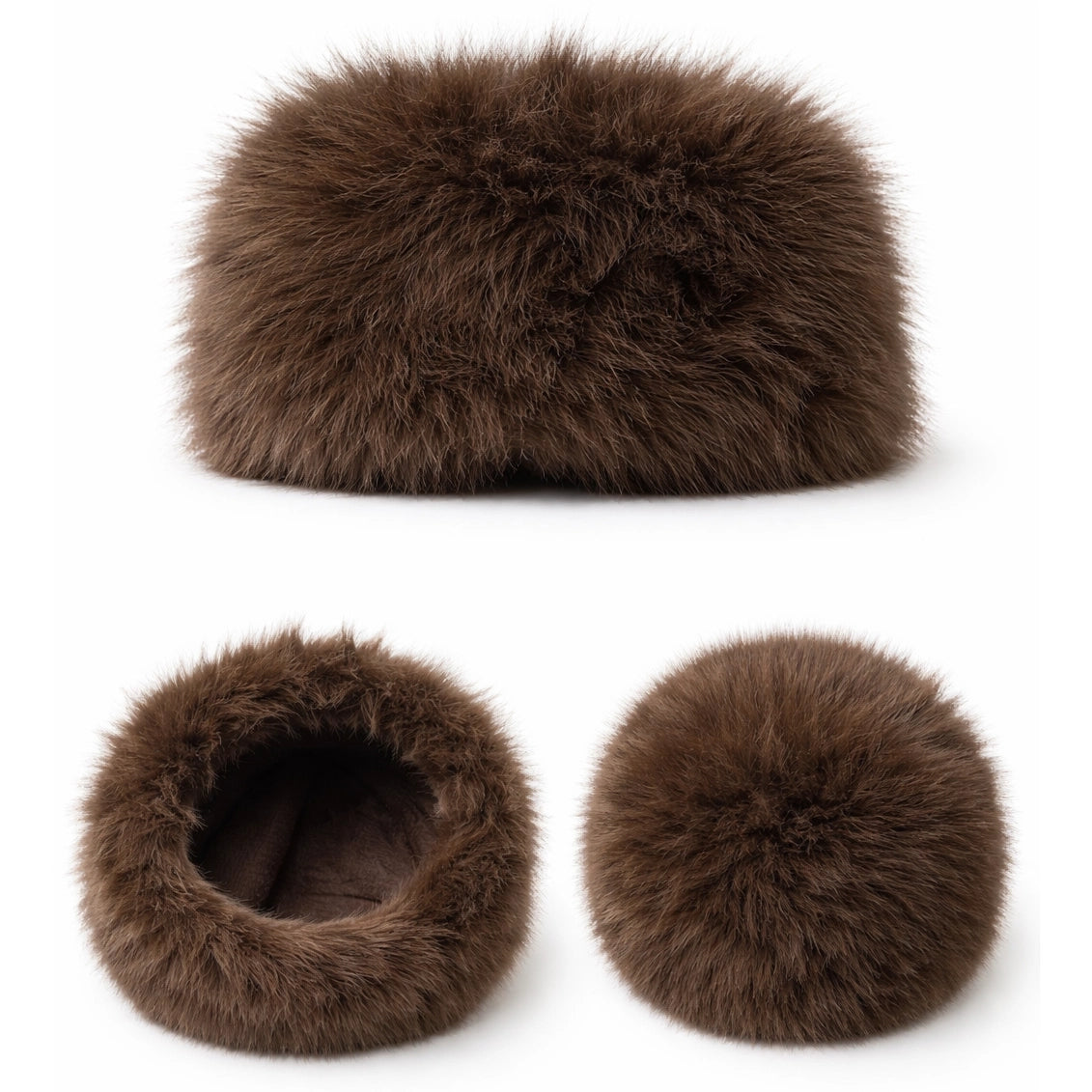 Nijens Siberia Kunstfell-Mütze in Braun, elegante Wintermütze aus Kunstfell, Vorderansicht, Seitenansicht