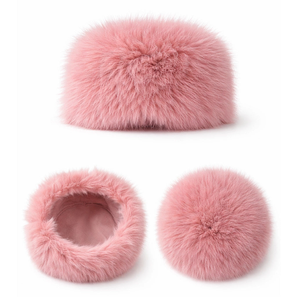 Nijens Siberia Kunstfell-Mütze in Rosa, elegante Wintermütze aus Kunstfell, Vorderansicht, Seitenansicht