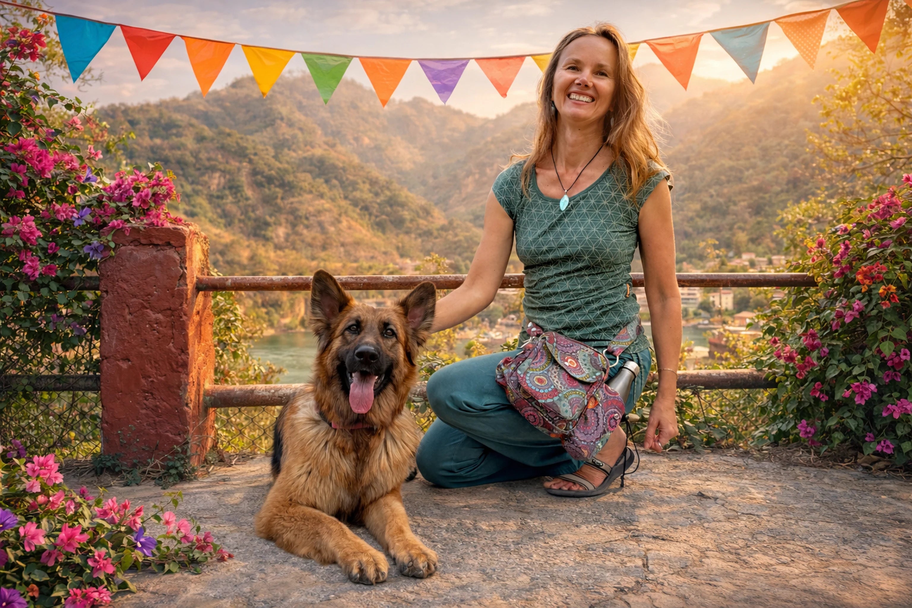 Frau mit Deutschem Schäferhund trägt bunte Nijens Gassitasche mit Mandala-Muster bei einem Spaziergang in der Natur