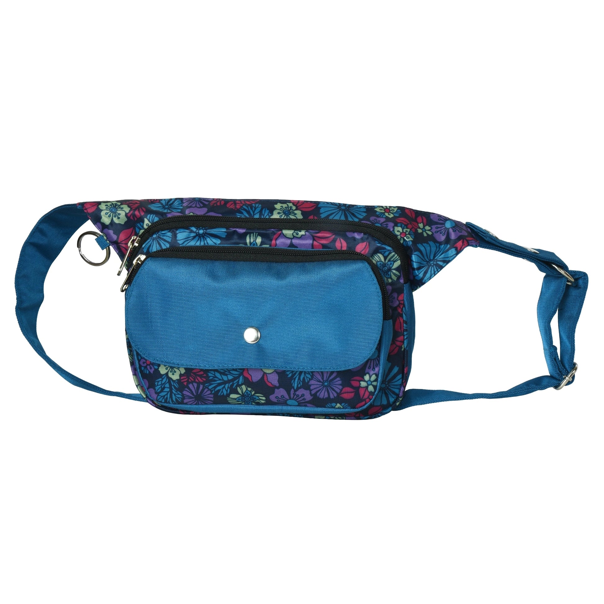 Frontansicht der Nijens Bauchtasche mit floralem Design und Druckknopffach, Gurt auf mittlerer Länge eingestellt. Nijens Shop